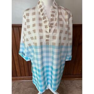 Womens Ming Wang Ruffled Cotton Gingham Blouse Blue‎ Tan 3/4 Sleeve Size XL